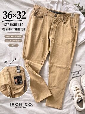 Men’s Iron Co Khaki Pants 36x32 Straight Leg Stretch Comfort Casual Workwear NWT